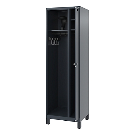 Grey metal cabinet, one door open, with shelf and clothes hooks.