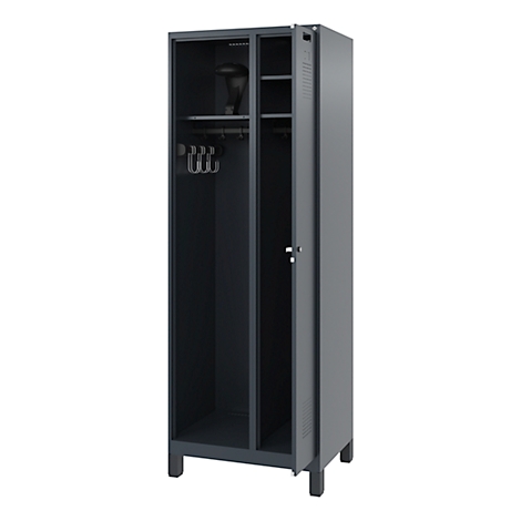 Gray locker cabinet, half open, with hangers, hat and shelves.