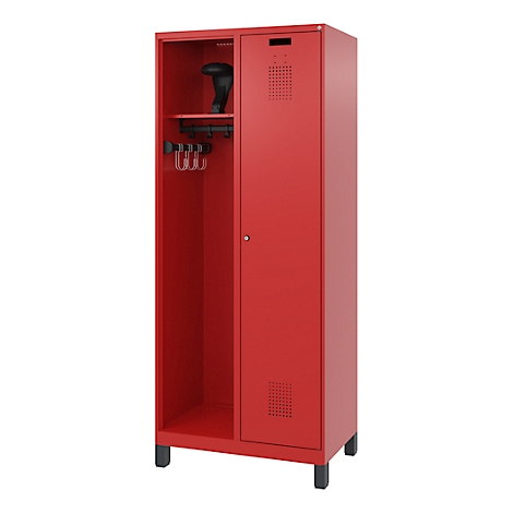 Red locker with open compartment for clothes and closed compartment with ventilation openings. Black hangers and shoe stretcher.