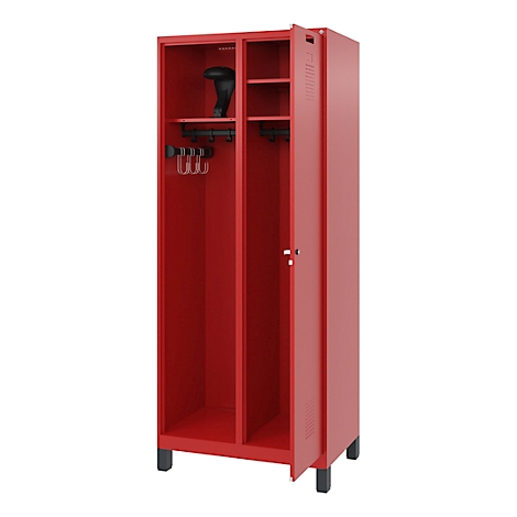 Red locker with partially open door, hooks and shelves inside.