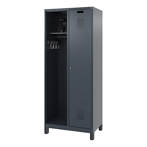 Gray steel cabinet with open compartment, clothes rail and ventilation holes.