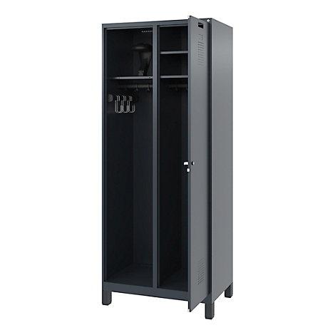 Gray cabinet, two doors, one open. Inside: coat hooks, shelves. Dark gray against a light background.