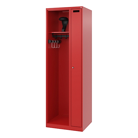 Red cabinet with open compartments, hooks, and a helmet. In the corner is a smaller compartment with a door and a lock.