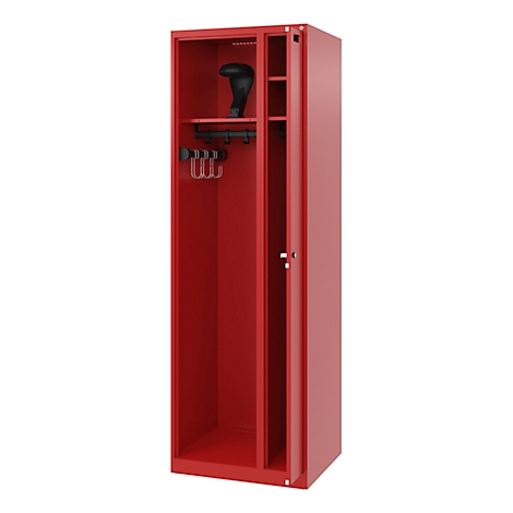 A red steel cabinet with an open door. Inside, hooks, shelves, and a hat.
