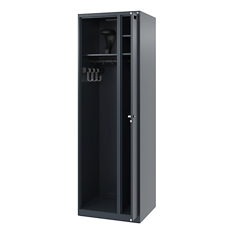Gray locker with open door, hooks for clothes and a hat.