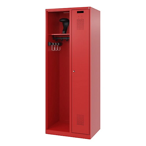 Red locker with open compartment, hooks, and shelf for hats.