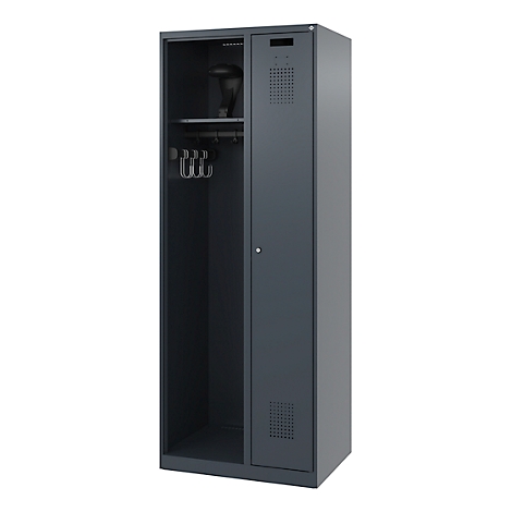 Grey steel locker, open; with shelf, clothes rail and hooks.