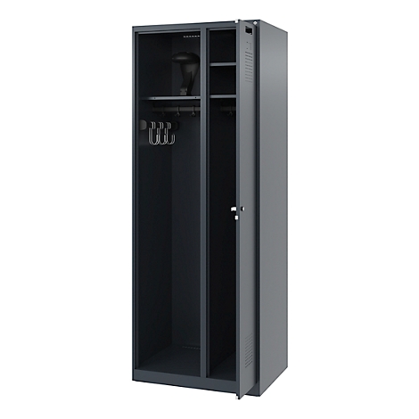 Gray metal locker with open door. Inside: hooks, shelves, and hat.