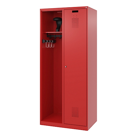 Red metal cabinet, open on the left with shelf, hooks and item, closed on the right with ventilation grilles.