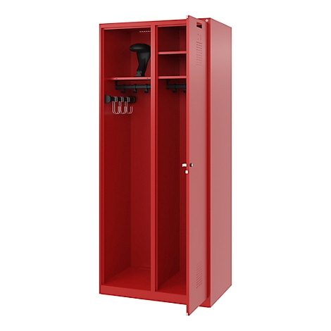 Red locker, one door open. Inside, a hat shelf, hooks, and a black shoe are visible.