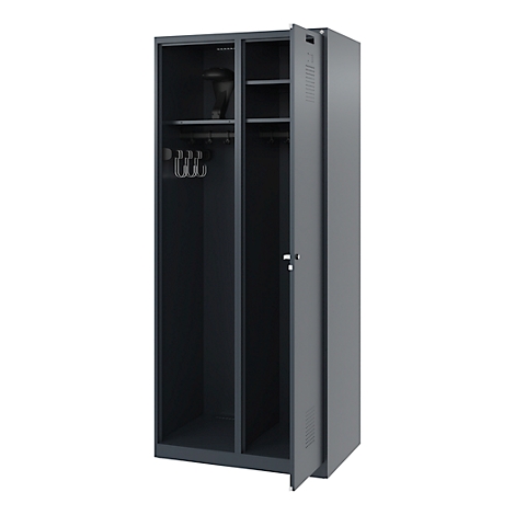 Grey locker with open door. Inside hooks, shelves and rod.