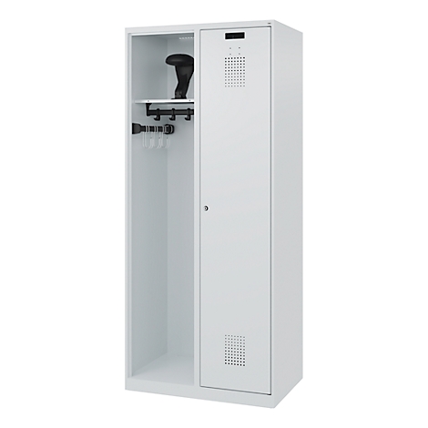White locker with open compartment with hat and hooks. Closed compartment with ventilation holes.