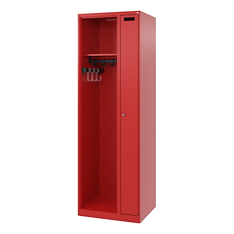 Red steel cabinet, open with shelf, hook strip and door.