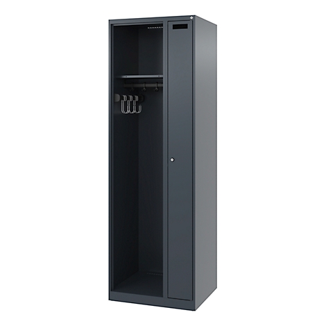 Dark grey metal cabinet with open side and hook rail.