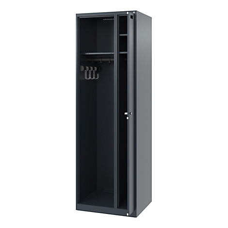 Dark grey metal locker, open door. Hooks and shelves inside.