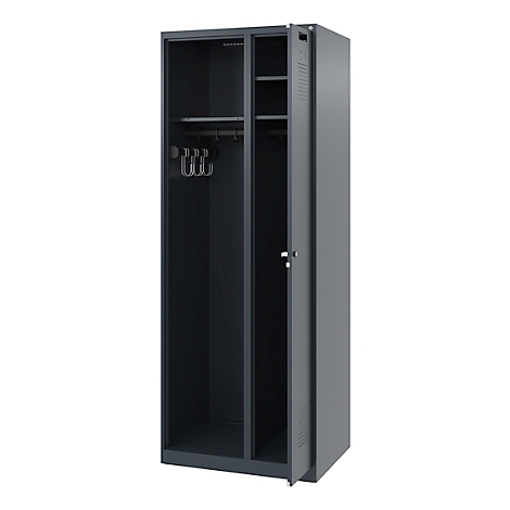 Dark gray cabinet with an open door. Clothes rails and hooks are located in the compartments.