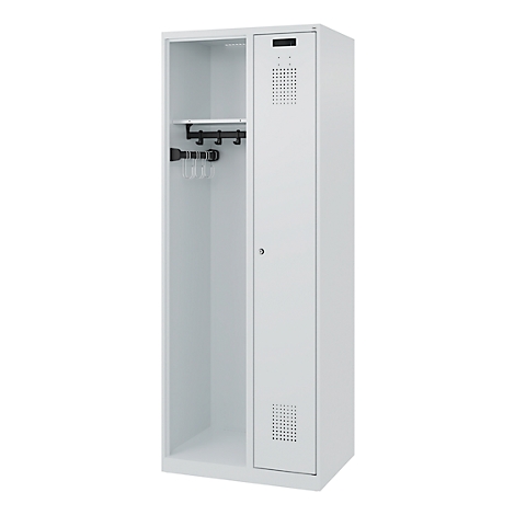 White locker, open on the left with a hook strip, closed on the right with ventilation slots.
