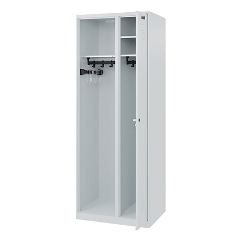 White locker with open door. Inside hooks for hangers and shelves.