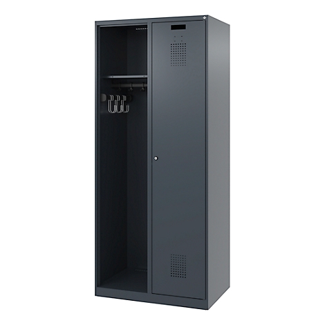 Gray steel cabinet with two compartments, open area with hooks and rod, closed area with ventilation slots.