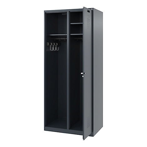 Grey locker with open door; hooks for clothes on the left.