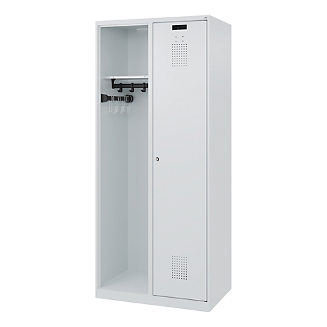 White locker with open compartment on the left and locked door on the right. In the open compartment: shelf, coat hooks and hangers. Small holes on the door.