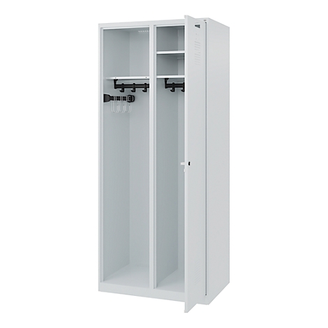 White locker, one door open. Inside hooks and a clothes rail.