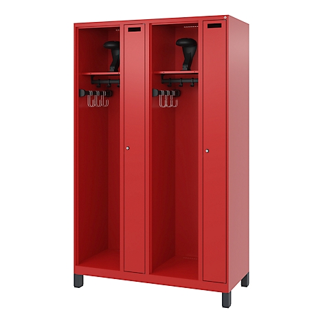 Red locker with two compartments; each with shelf, coat hooks, black shoes and ventilation slots at the top.