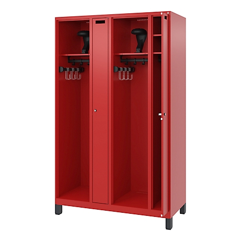 Red locker, door open, with hooks, shelves and shoes. Black legs.