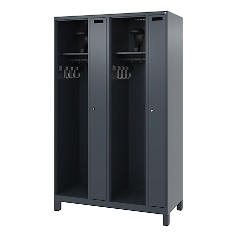 Dark gray locker with three compartments. It has hooks, shelves, and ventilation slots. The locker stands on short legs.