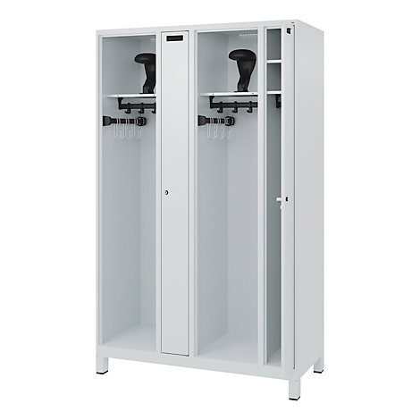 White locker with open doors, inside shelves and hooks.