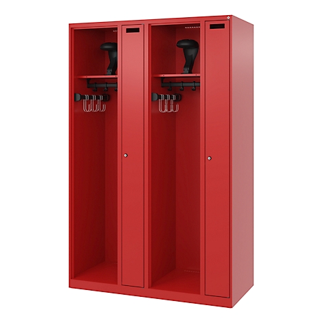 Red locker with three compartments. In each compartment a hook, a shelf and a hat. Small locks can be seen on the doors.
