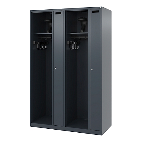 Dark gray steel cabinet with four compartments, hooks, shelves, and slots for ventilation.