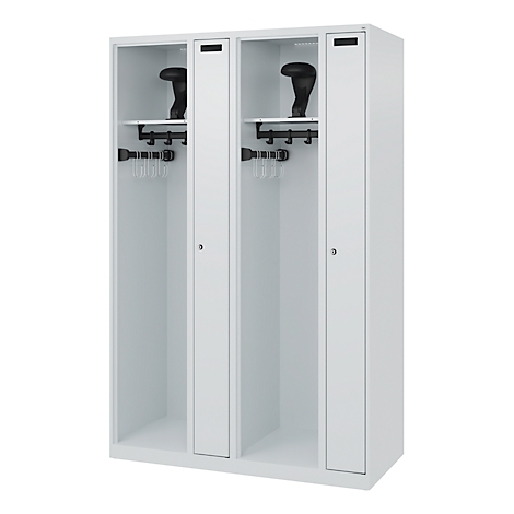 White locker with two compartments. The compartments show black holders, hooks and hangers.