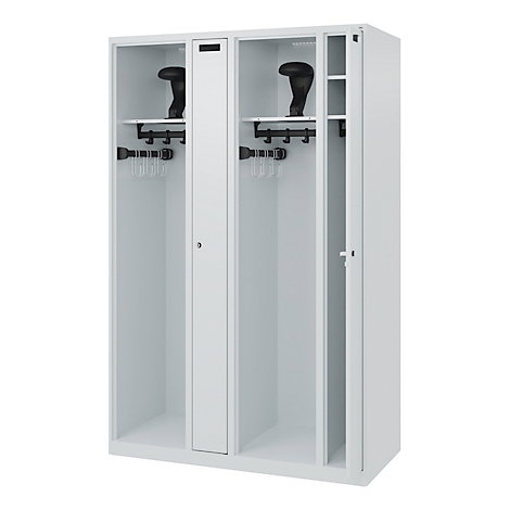 White, open cabinet with coat hooks and boots. One cabinet compartment open.