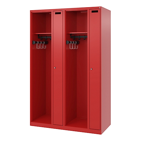Red locker with four compartments. Black coat hooks and shelves.