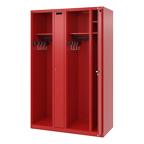 Red locker with open door, coat hooks, and shelf. The cabinet is empty.