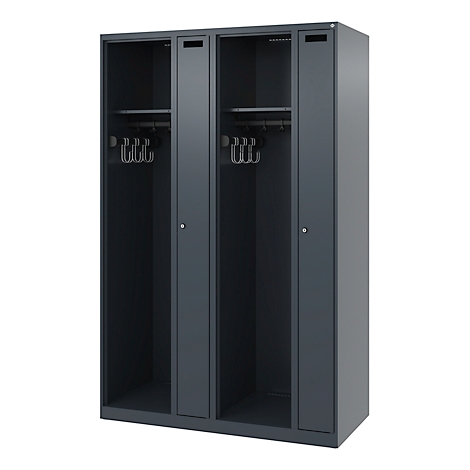 Grey locker with four doors. Each door has a keyhole and inside are coat hangers and a shelf.