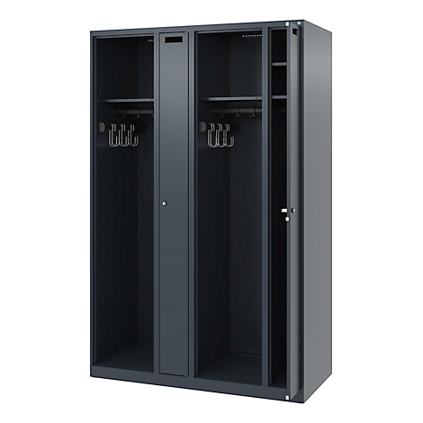 Dark gray locker, one door open, showing coat hooks and shelves.
