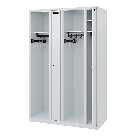 White cabinet with three compartments, open door. Hook strip, coat hangers.