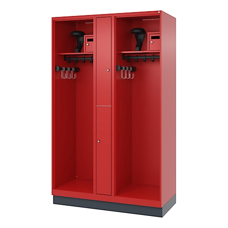 Red locker with hooks, shelves, and small compartments for boots.