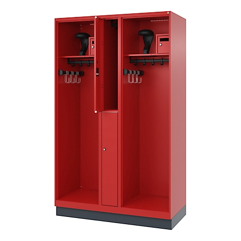 Red locker with hooks, hat rack, and small safes.