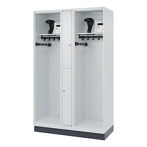 White locker with two compartments, shelves, hooks and small boxes. Black boots and hangers are visible.