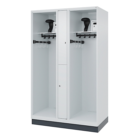White locker with two compartments, hooks, shelves and safes. Black helmets are on the shelves.