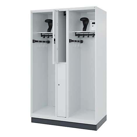 White locker with open doors, hook strips, shelves, and safe.