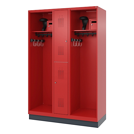 A red locker with three compartments, hooks, ventilation slots, and shelves.