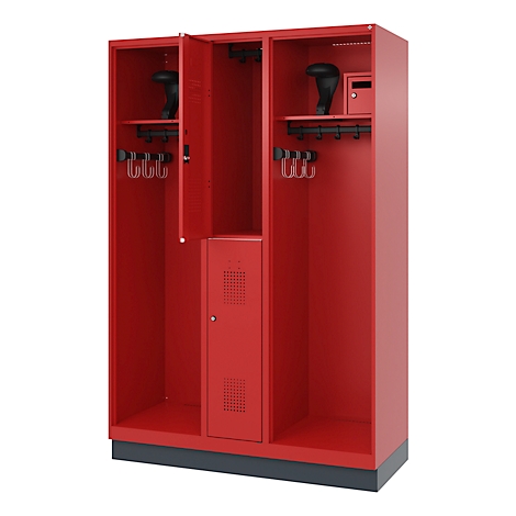 A red locker with three compartments, an open door, hooks and a lockbox.