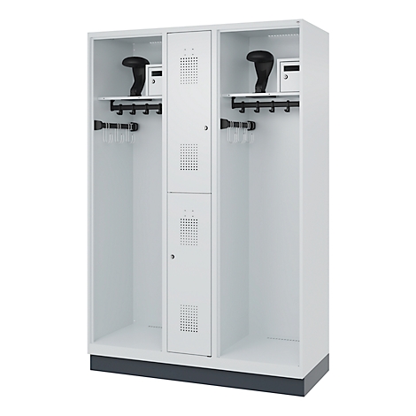 White locker with two compartments, shelf, hooks, and lockers. Helmets and lockers on top.