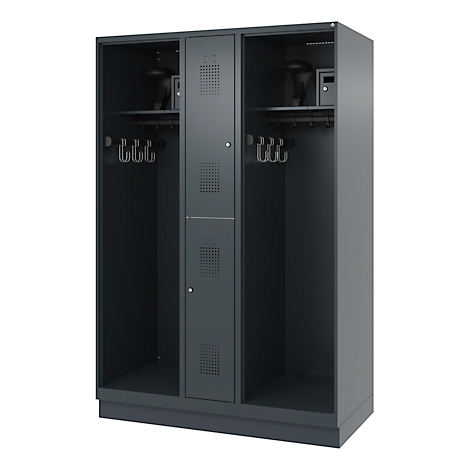 Dark gray locker with three compartments, hook rails, and shelves. One locker compartment contains a helmet.