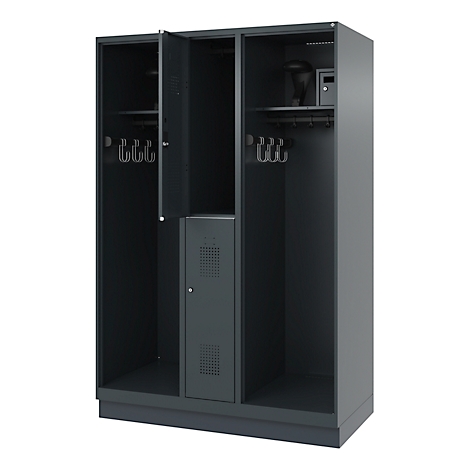 Grey locker with open door, hooks and a safe.