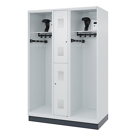 White locker with compartments and accessories. Helmets and a safe are visible at the top, below are coat hooks and hangers.